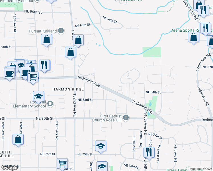 map of restaurants, bars, coffee shops, grocery stores, and more near 13420 Redmond Way in Redmond