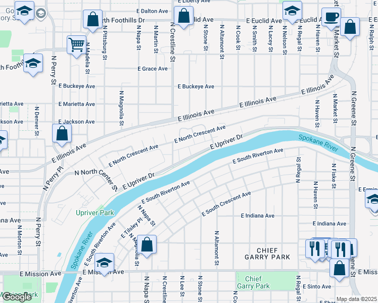 map of restaurants, bars, coffee shops, grocery stores, and more near 2120 East North Crescent Avenue in Spokane