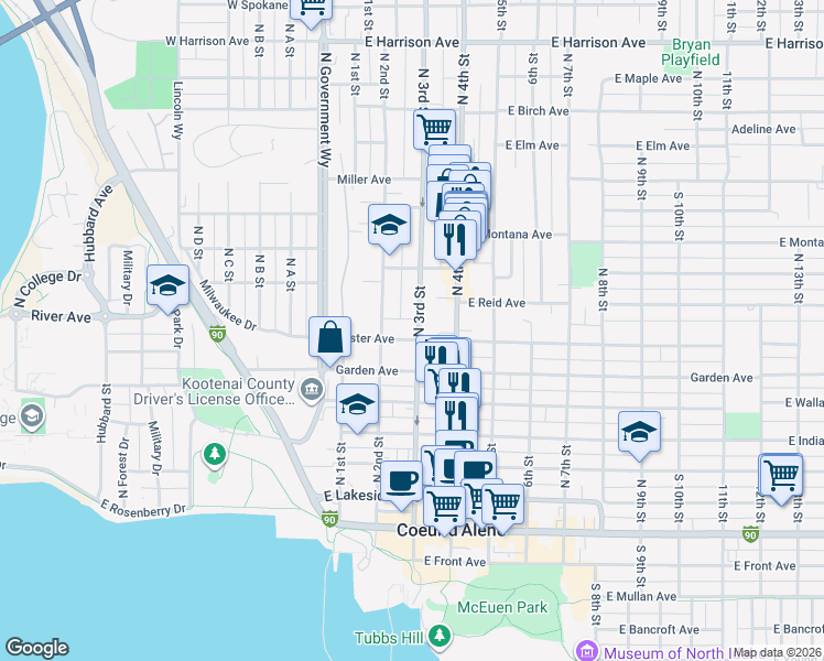 map of restaurants, bars, coffee shops, grocery stores, and more near 717 North 3rd Street in Coeur d'Alene