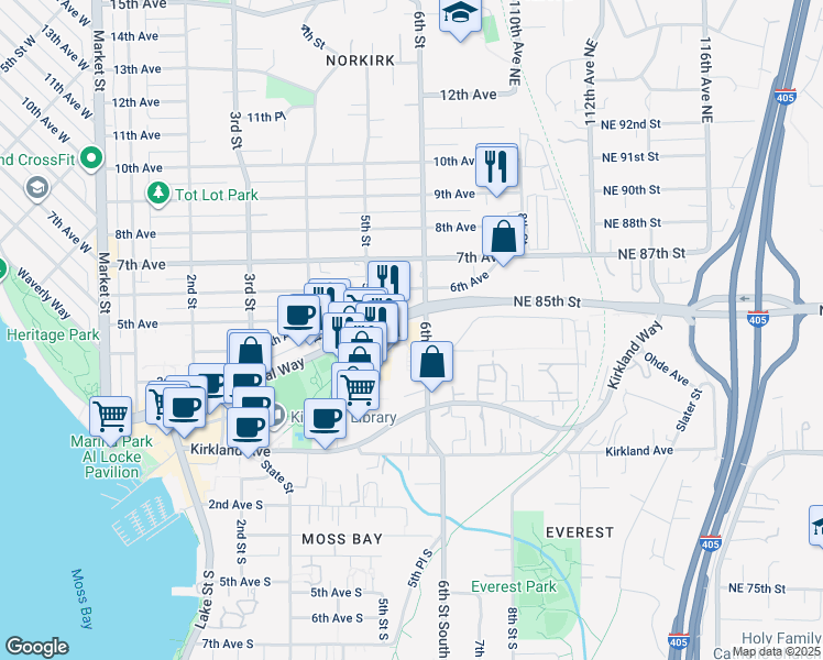map of restaurants, bars, coffee shops, grocery stores, and more near 550 Uptown Court in Kirkland