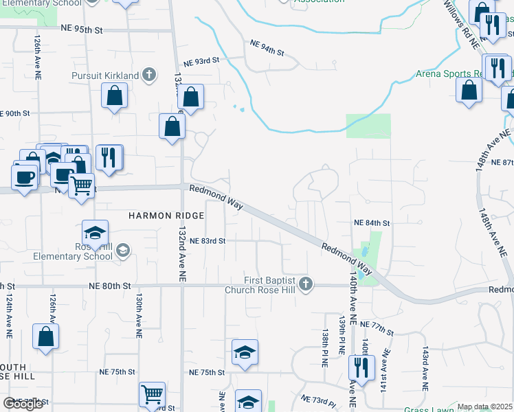 map of restaurants, bars, coffee shops, grocery stores, and more near 13420 Redmond Way in Redmond