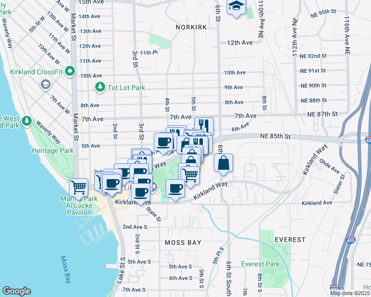map of restaurants, bars, coffee shops, grocery stores, and more near 450 Central Way in Kirkland