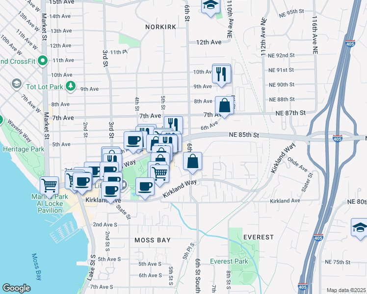 map of restaurants, bars, coffee shops, grocery stores, and more near 558 Central Way in Kirkland