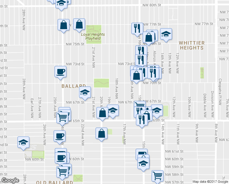 map of restaurants, bars, coffee shops, grocery stores, and more near 6744 19th Avenue Northwest in Seattle