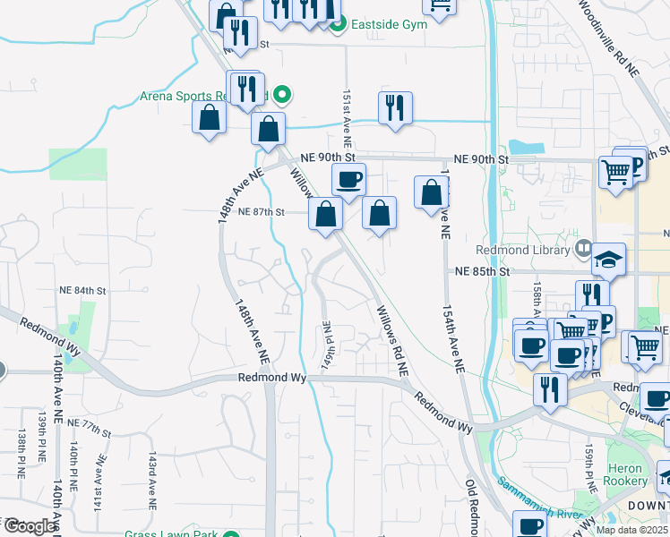 map of restaurants, bars, coffee shops, grocery stores, and more near 8501 Willows Road Northeast in Redmond