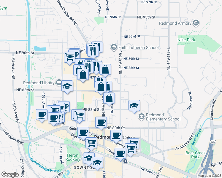 map of restaurants, bars, coffee shops, grocery stores, and more near 8520 164th Avenue Northeast in Redmond
