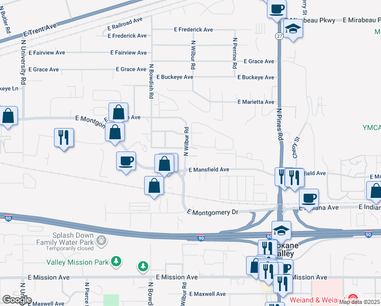 map of restaurants, bars, coffee shops, grocery stores, and more near 2324 North Wilbur Road in Spokane Valley