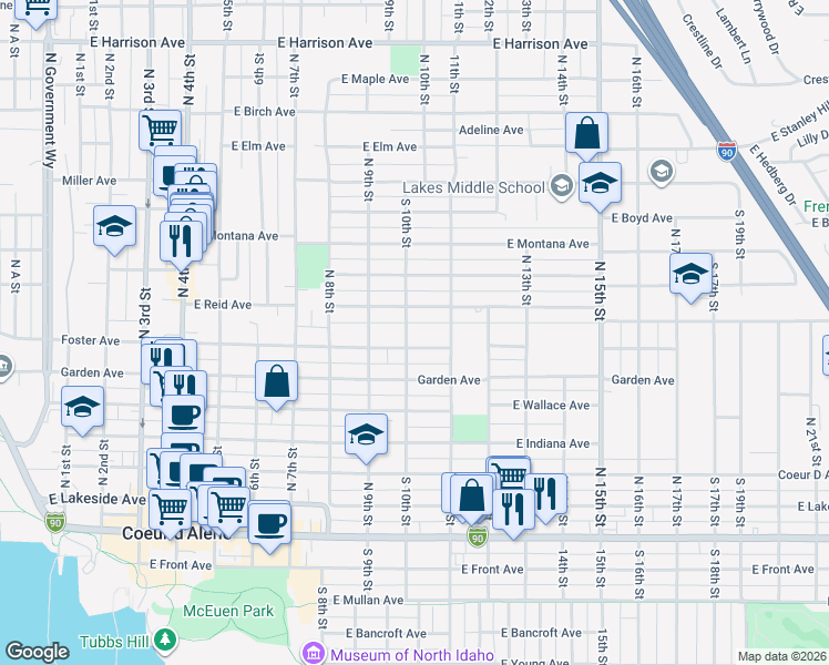 map of restaurants, bars, coffee shops, grocery stores, and more near 1006 East Pennsylvania Avenue in Coeur d'Alene