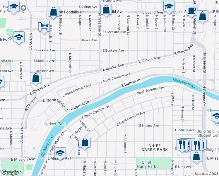 map of restaurants, bars, coffee shops, grocery stores, and more near 2120 East North Crescent Avenue in Spokane