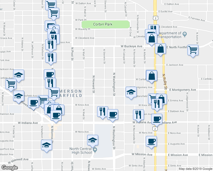 map of restaurants, bars, coffee shops, grocery stores, and more near 423 West Carlisle Avenue in Spokane