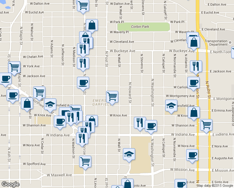 map of restaurants, bars, coffee shops, grocery stores, and more near 2312 North Wall Street in Spokane