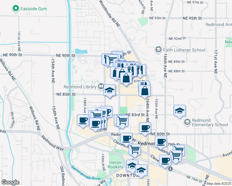 map of restaurants, bars, coffee shops, grocery stores, and more near 8509 161st Avenue Northeast in Redmond