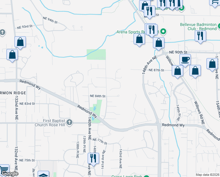 map of restaurants, bars, coffee shops, grocery stores, and more near 8509 142nd Avenue Northeast in Redmond