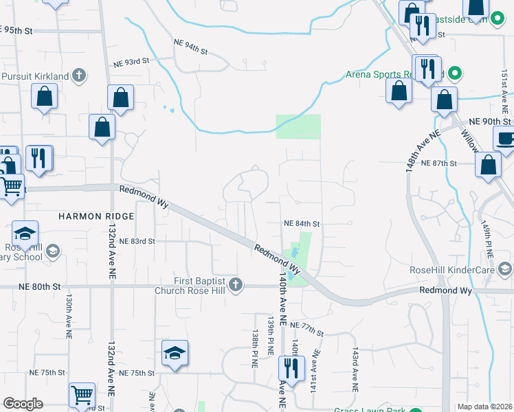 map of restaurants, bars, coffee shops, grocery stores, and more near 13730 Northeast 85th Street in Redmond