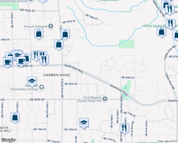 map of restaurants, bars, coffee shops, grocery stores, and more near 13420 Redmond Way in Redmond