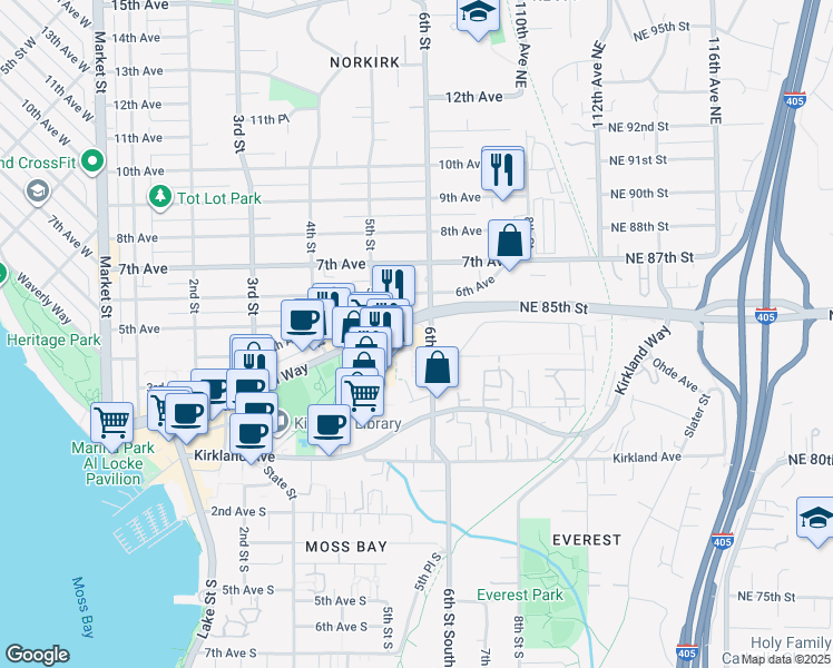 map of restaurants, bars, coffee shops, grocery stores, and more near 558 Central Way in Kirkland