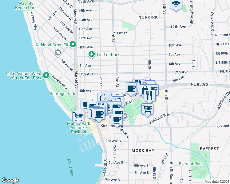 map of restaurants, bars, coffee shops, grocery stores, and more near 302 5th Avenue in Kirkland