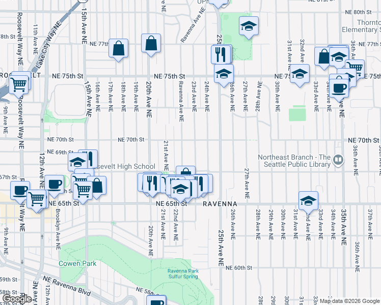 map of restaurants, bars, coffee shops, grocery stores, and more near 6844 23rd Avenue Northeast in Seattle