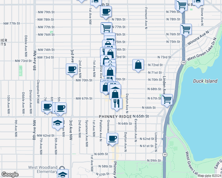 map of restaurants, bars, coffee shops, grocery stores, and more near 6804 Greenwood Avenue North in Seattle