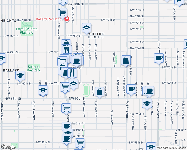 map of restaurants, bars, coffee shops, grocery stores, and more near 6738 12th Avenue Northwest in Seattle