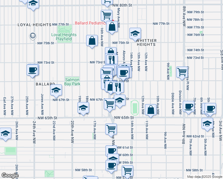 map of restaurants, bars, coffee shops, grocery stores, and more near 6738 Mary Avenue Northwest in Seattle