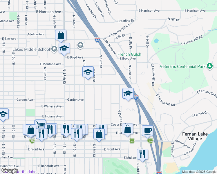 map of restaurants, bars, coffee shops, grocery stores, and more near 1924 East Pennsylvania Avenue in Coeur d'Alene