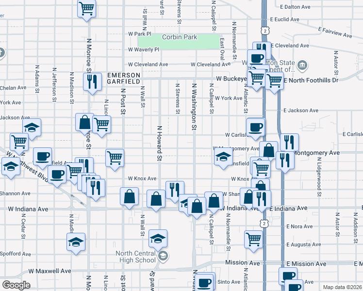 map of restaurants, bars, coffee shops, grocery stores, and more near 422 West Montgomery Avenue in Spokane