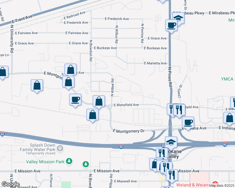 map of restaurants, bars, coffee shops, grocery stores, and more near 2330 North Wilbur Road in Spokane Valley