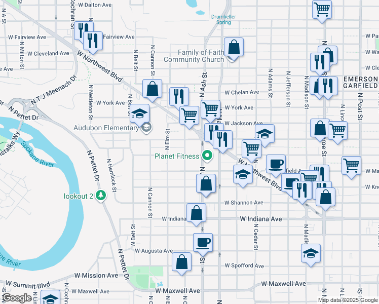 map of restaurants, bars, coffee shops, grocery stores, and more near 1722 West Montgomery Avenue in Spokane