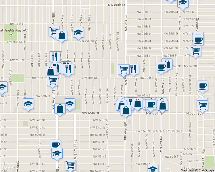 map of restaurants, bars, coffee shops, grocery stores, and more near 6733 9th Ave NW in Seattle