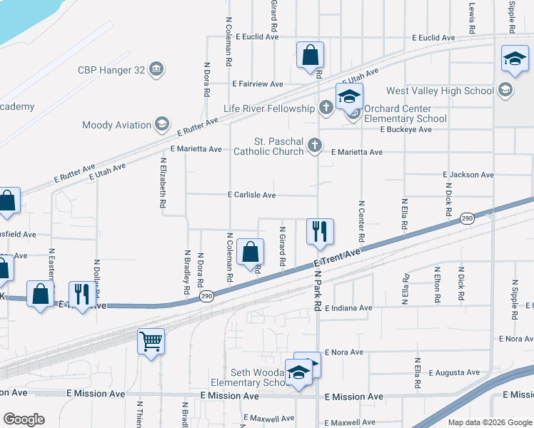 map of restaurants, bars, coffee shops, grocery stores, and more near 7201 East Montgomery Avenue in Spokane Valley