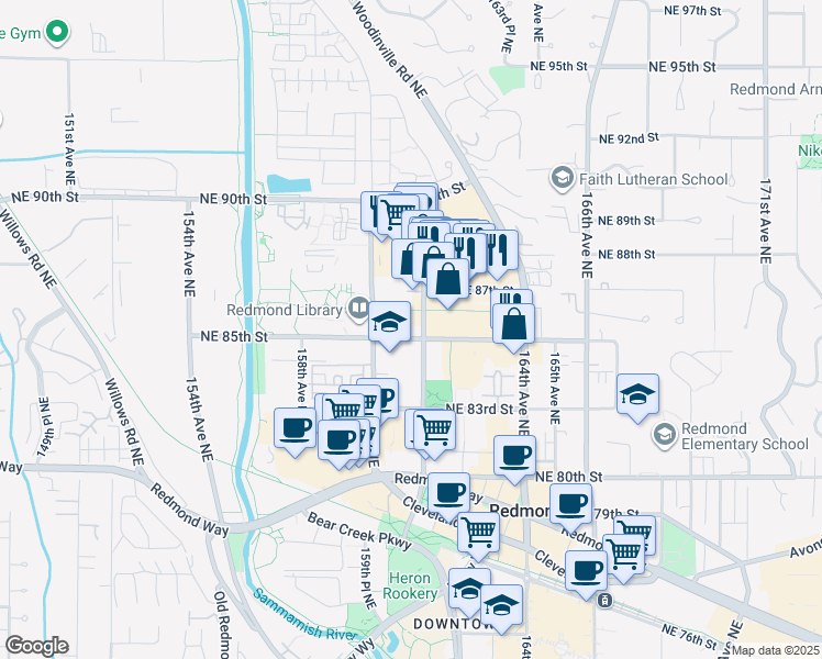 map of restaurants, bars, coffee shops, grocery stores, and more near 16080 Northeast 85th Street in Redmond