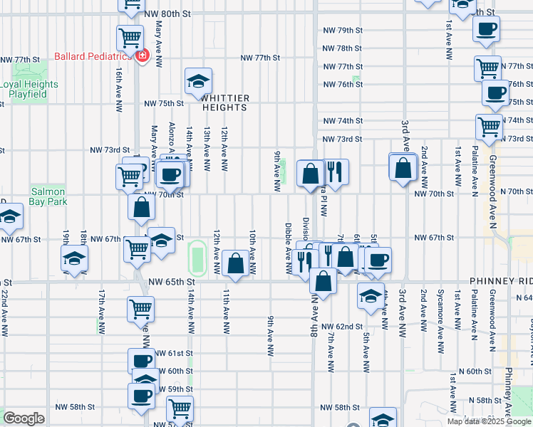 map of restaurants, bars, coffee shops, grocery stores, and more near 6733 9th Avenue Northwest in Seattle