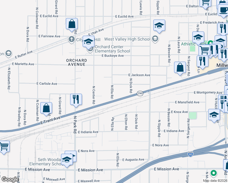 map of restaurants, bars, coffee shops, grocery stores, and more near 2406 Ella Road in Spokane Valley