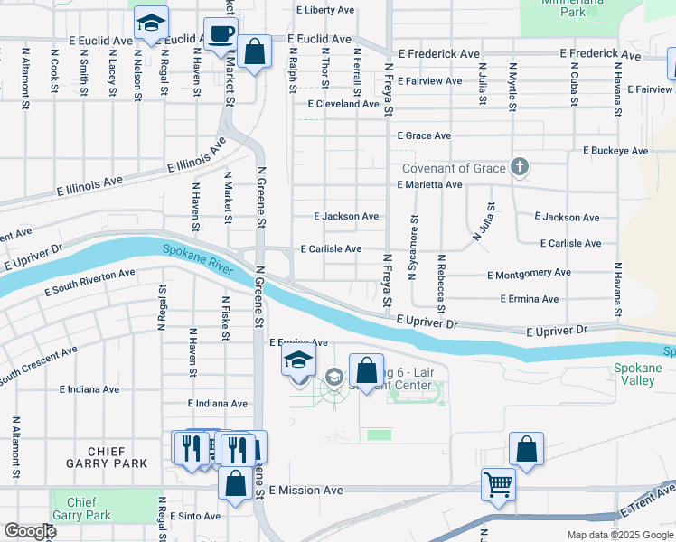 map of restaurants, bars, coffee shops, grocery stores, and more near 3408 East Carlisle Avenue in Spokane
