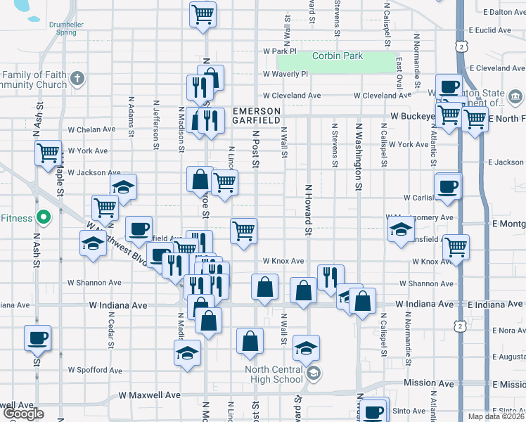 map of restaurants, bars, coffee shops, grocery stores, and more near 725 West Carlisle Avenue in Spokane