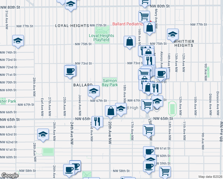 map of restaurants, bars, coffee shops, grocery stores, and more near 6736 20th Avenue Northwest in Seattle