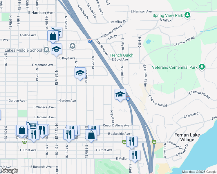 map of restaurants, bars, coffee shops, grocery stores, and more near 2018 East Pennsylvania Avenue in Coeur d'Alene