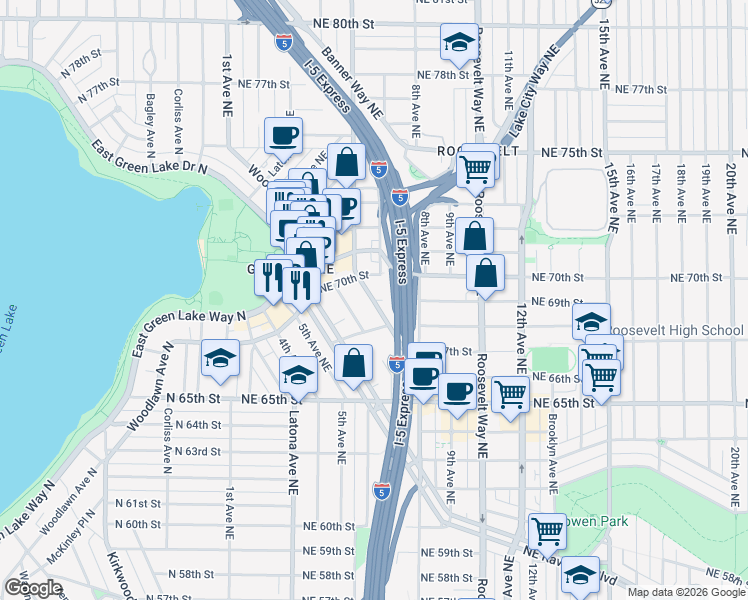 map of restaurants, bars, coffee shops, grocery stores, and more near Weedin Place Northeast & Northeast 69th Street in Seattle
