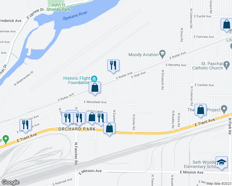 map of restaurants, bars, coffee shops, grocery stores, and more near 2324 North Eastern Road in Spokane Valley