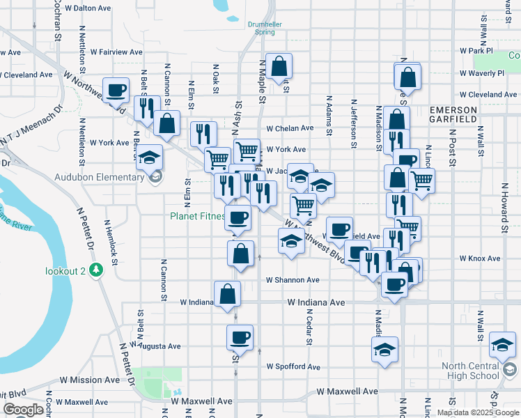 map of restaurants, bars, coffee shops, grocery stores, and more near South Manito Boulevard Crossovr Street in Spokane