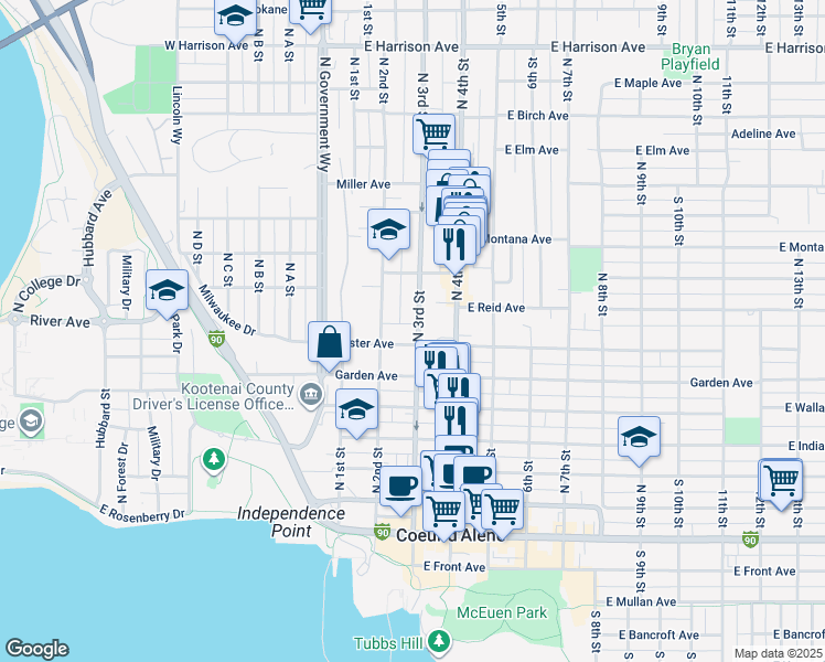 map of restaurants, bars, coffee shops, grocery stores, and more near 717 North 3rd Street in Coeur d'Alene
