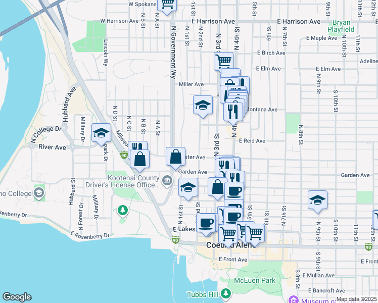 map of restaurants, bars, coffee shops, grocery stores, and more near 105 East Foster Avenue in Coeur d'Alene