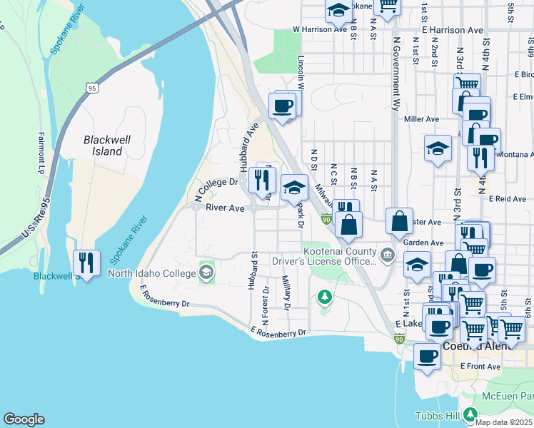 map of restaurants, bars, coffee shops, grocery stores, and more near 710 West River Avenue in Coeur d'Alene