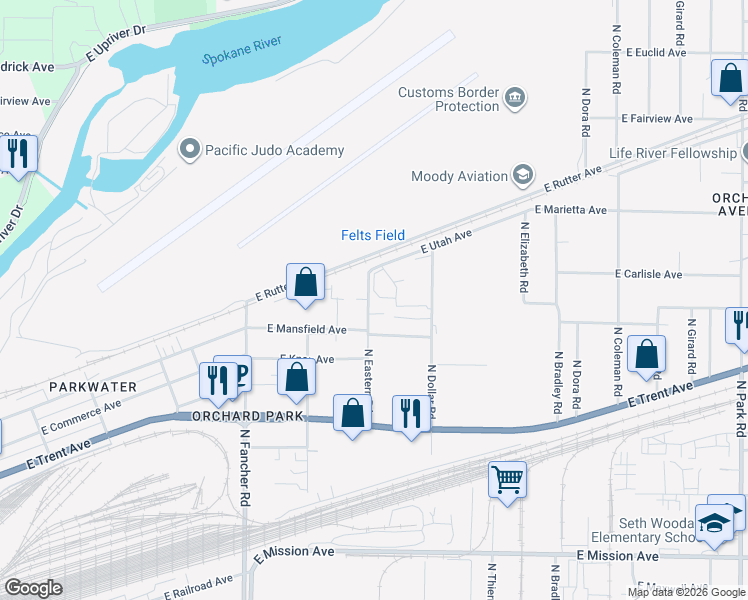 map of restaurants, bars, coffee shops, grocery stores, and more near 2324 North Eastern Road in Spokane Valley