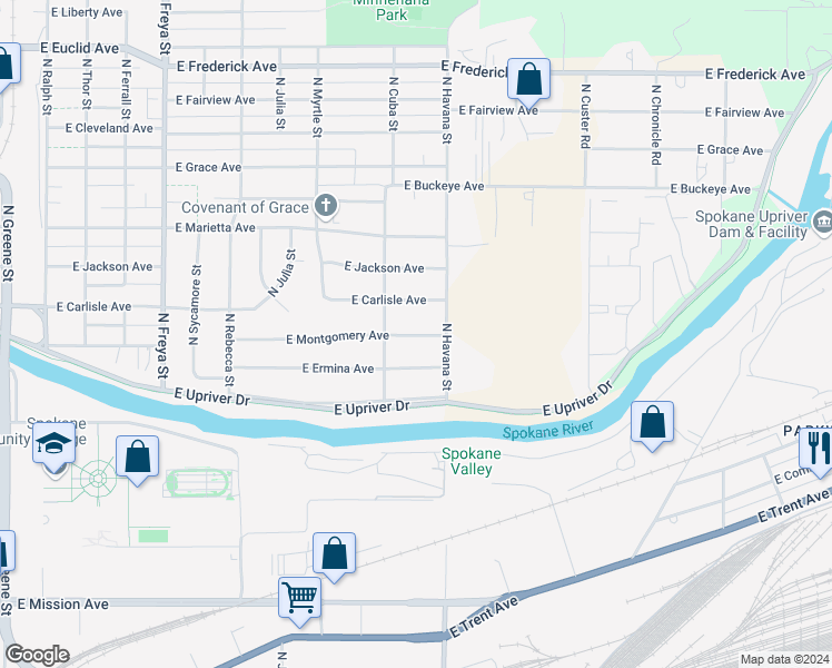 map of restaurants, bars, coffee shops, grocery stores, and more near 4219 East Montgomery Avenue in Spokane