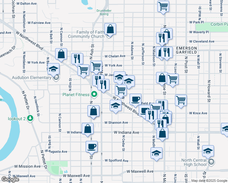 map of restaurants, bars, coffee shops, grocery stores, and more near 1424 West Montgomery Avenue in Spokane