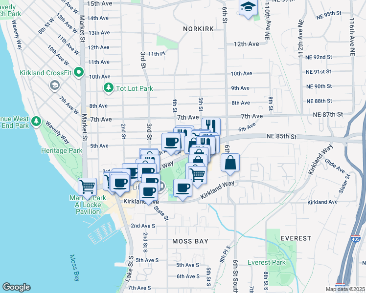 map of restaurants, bars, coffee shops, grocery stores, and more near 450 Central Way in Kirkland