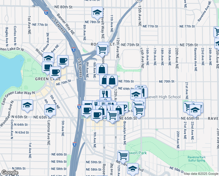 map of restaurants, bars, coffee shops, grocery stores, and more near in Seattle