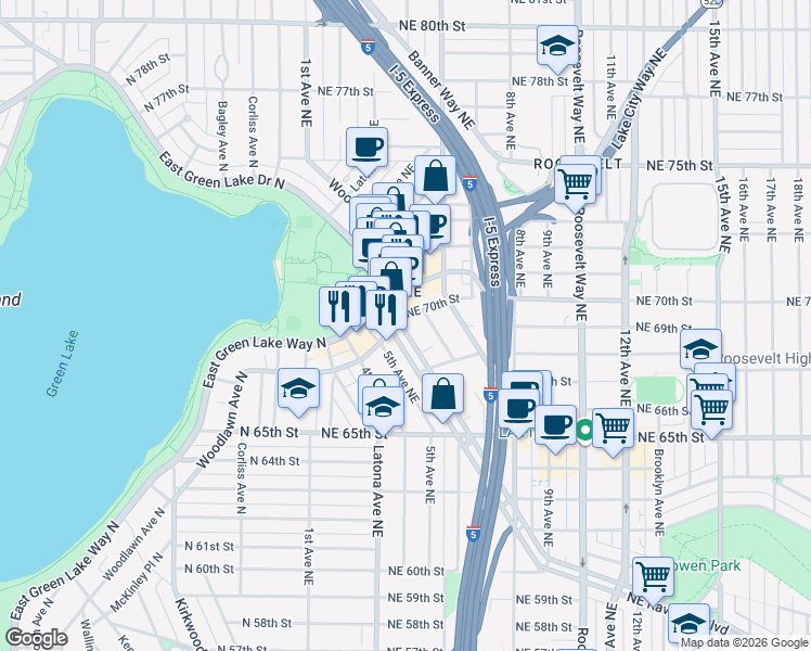 map of restaurants, bars, coffee shops, grocery stores, and more near in Seattle